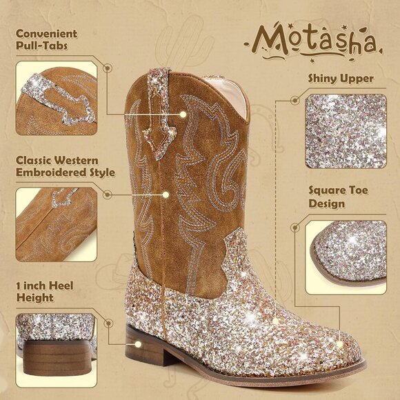 Unisex Child Sequins Brown Mid Calf Glitter Toddler Cowboy Boot Little Big Kids - Picture 5 of 8